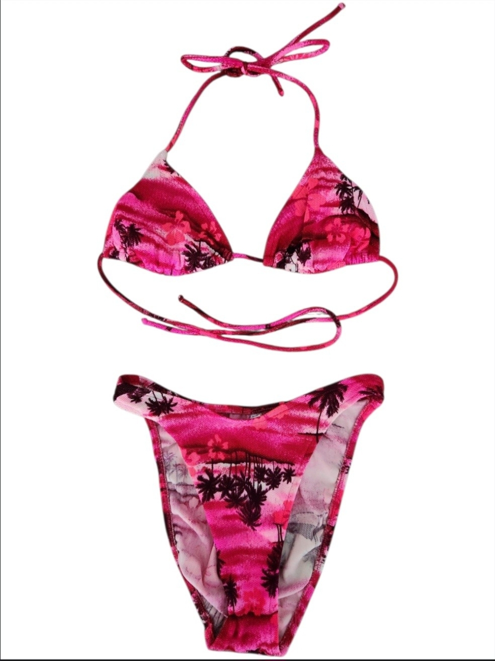 Vintage Roxy Hot Pink Tropical Print Triangle Bikini With High Cut Leg Bottom XS